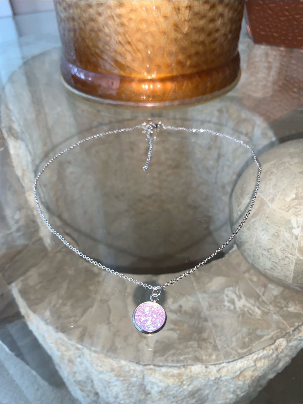 Silver Necklace with Lavender Glitter Disc Pendant